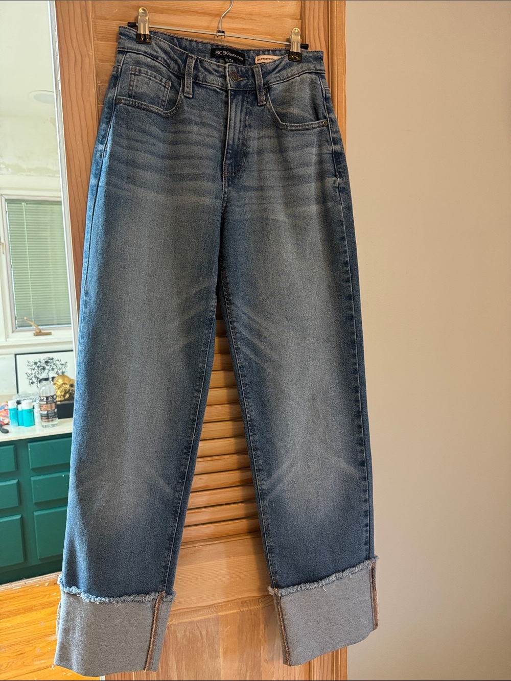 BCBGMaxAzria Cuffed, Faded, Wide leg Jeans.